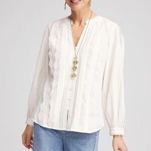 CHICOS  Split-neck Lace Trim Blouse, Size 4